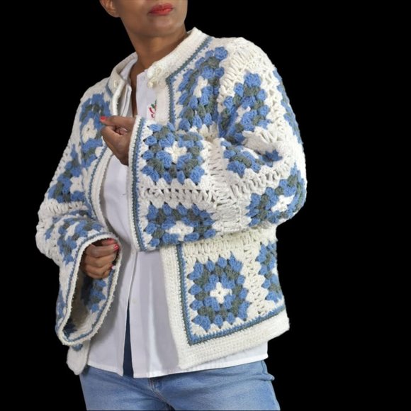 Vintage Sweaters - Vintage Granny Squares Sweater Cardigan Crochet Bell Sleeve Handknit Size Medium